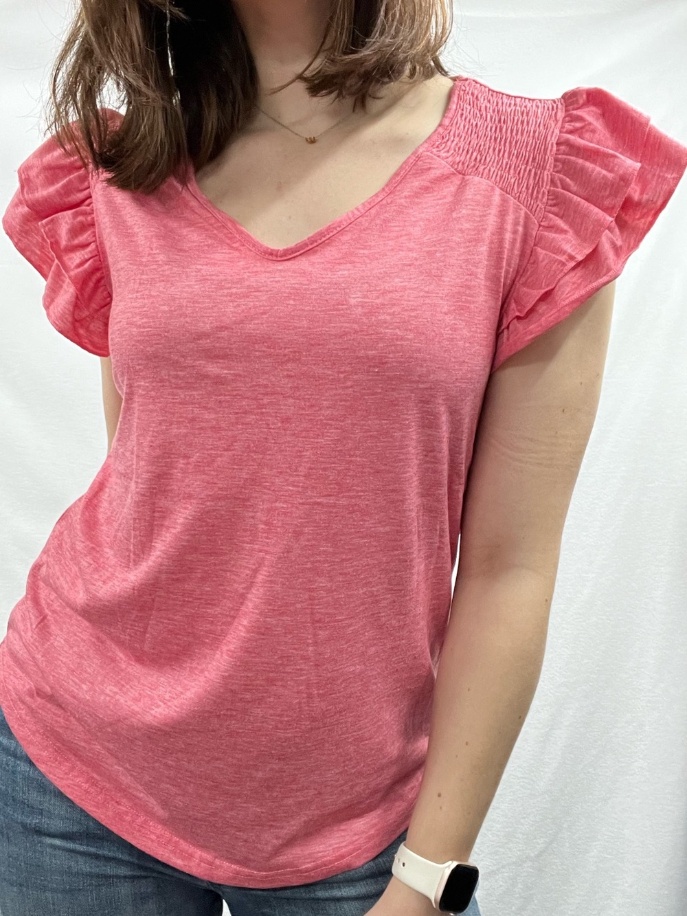 Women's Pink V-Neck Ruffle Sleeve Tee